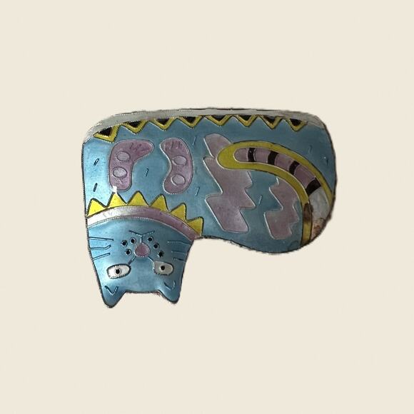 Vintage Light Blue Cloisonné Cat Brooch - Picture 3 of 9